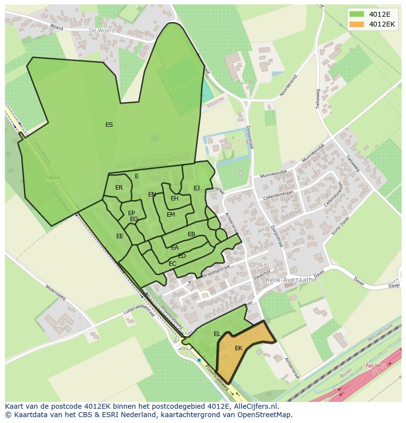Afbeelding van het postcodegebied 4012 EK op de kaart.
