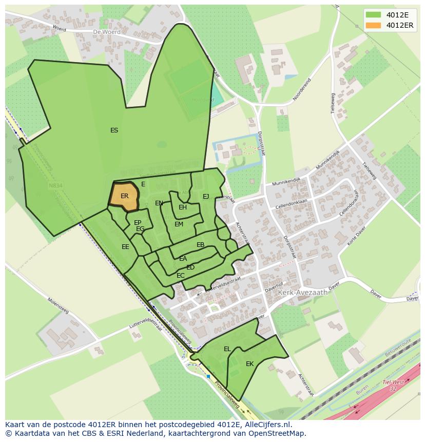 Afbeelding van het postcodegebied 4012 ER op de kaart.