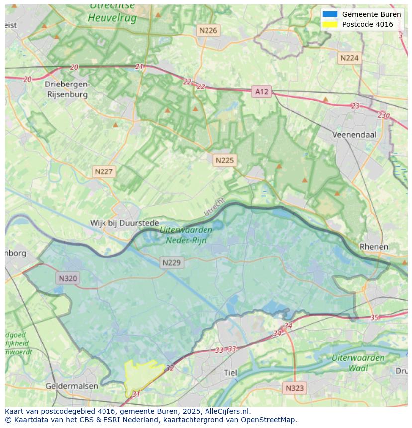 Afbeelding van het postcodegebied 4016 op de kaart.