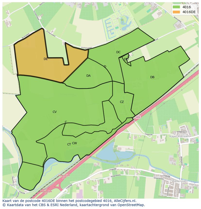 Afbeelding van het postcodegebied 4016 DE op de kaart.