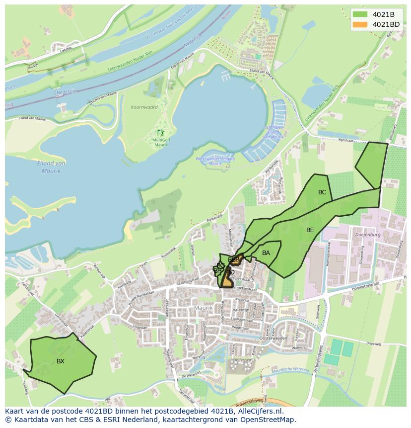 Afbeelding van het postcodegebied 4021 BD op de kaart.