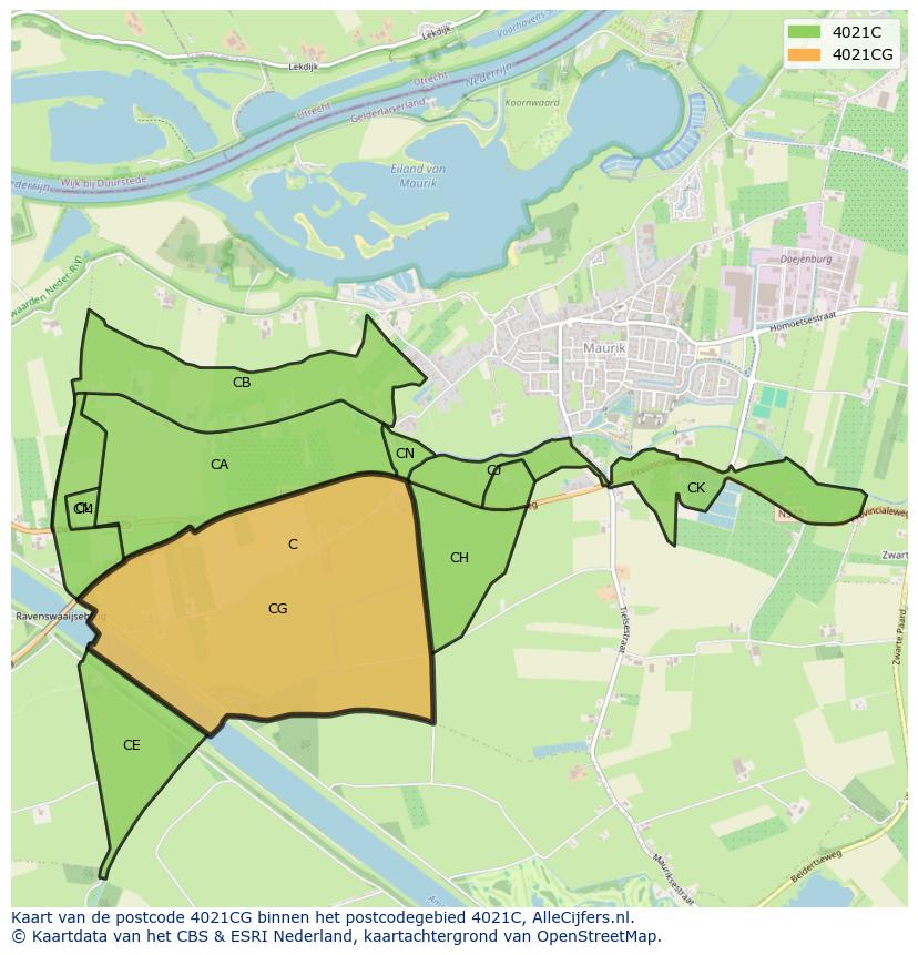 Afbeelding van het postcodegebied 4021 CG op de kaart.