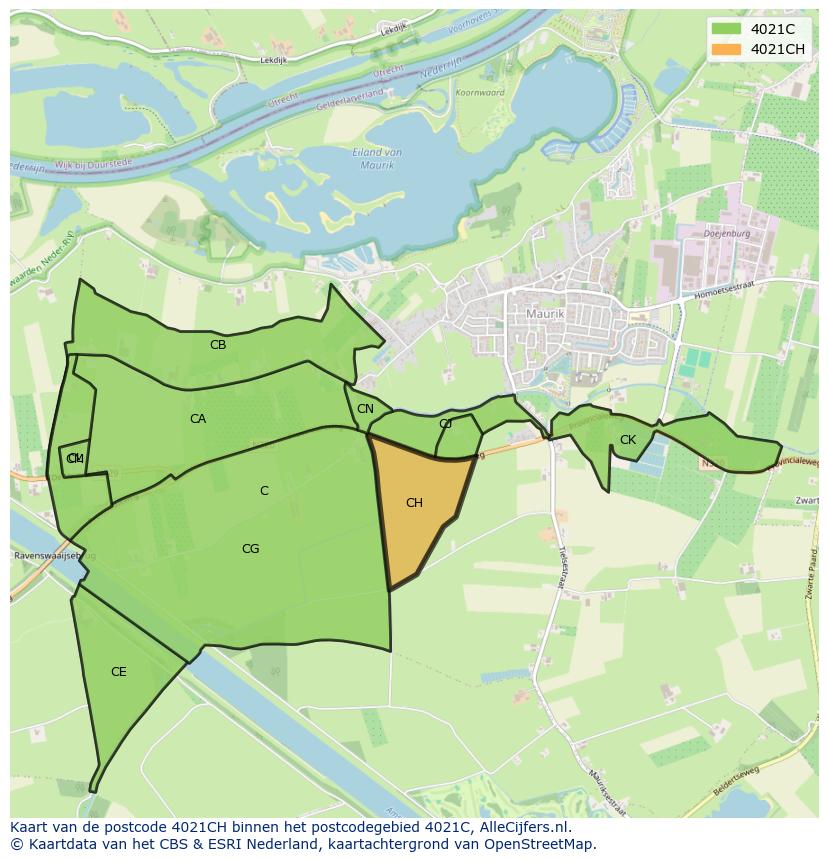 Afbeelding van het postcodegebied 4021 CH op de kaart.