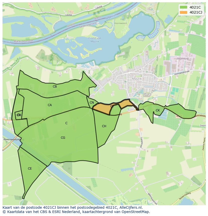 Afbeelding van het postcodegebied 4021 CJ op de kaart.