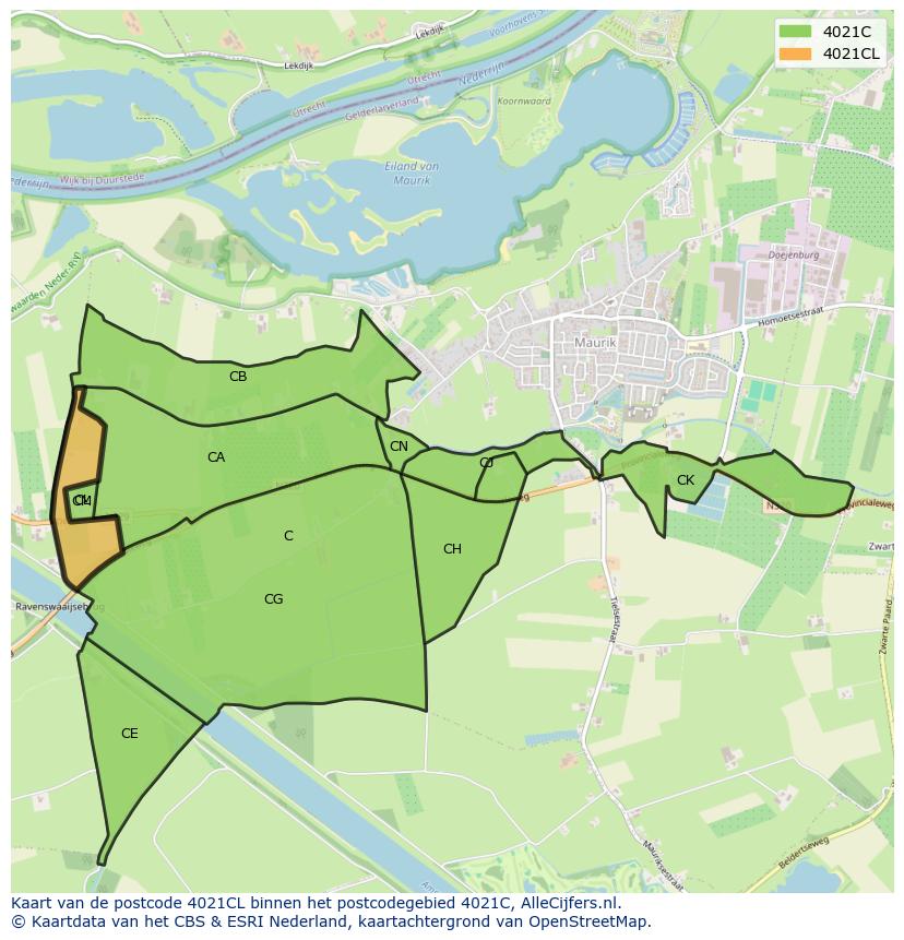 Afbeelding van het postcodegebied 4021 CL op de kaart.