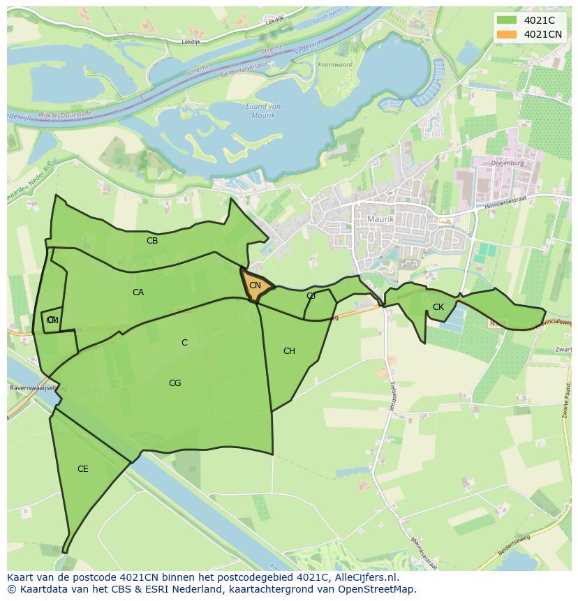 Afbeelding van het postcodegebied 4021 CN op de kaart.