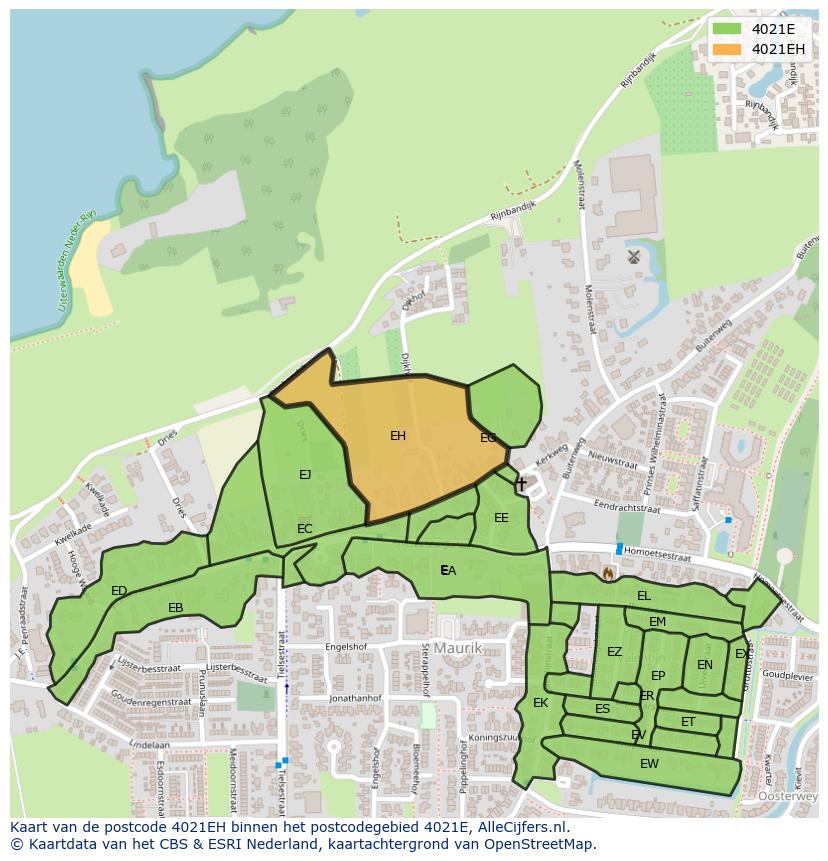 Afbeelding van het postcodegebied 4021 EH op de kaart.