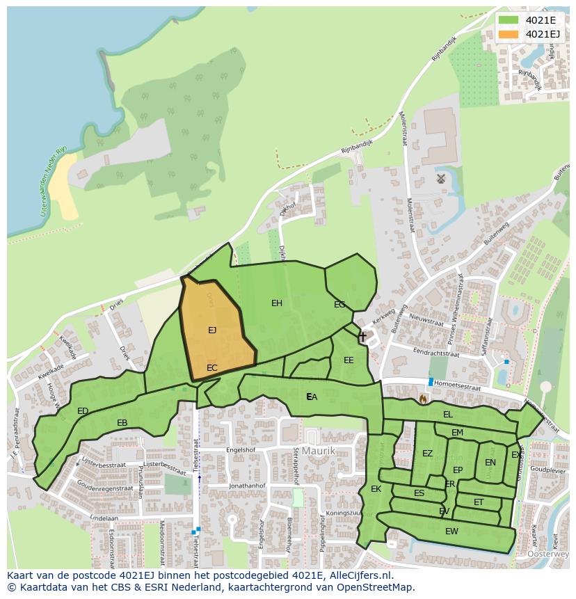 Afbeelding van het postcodegebied 4021 EJ op de kaart.