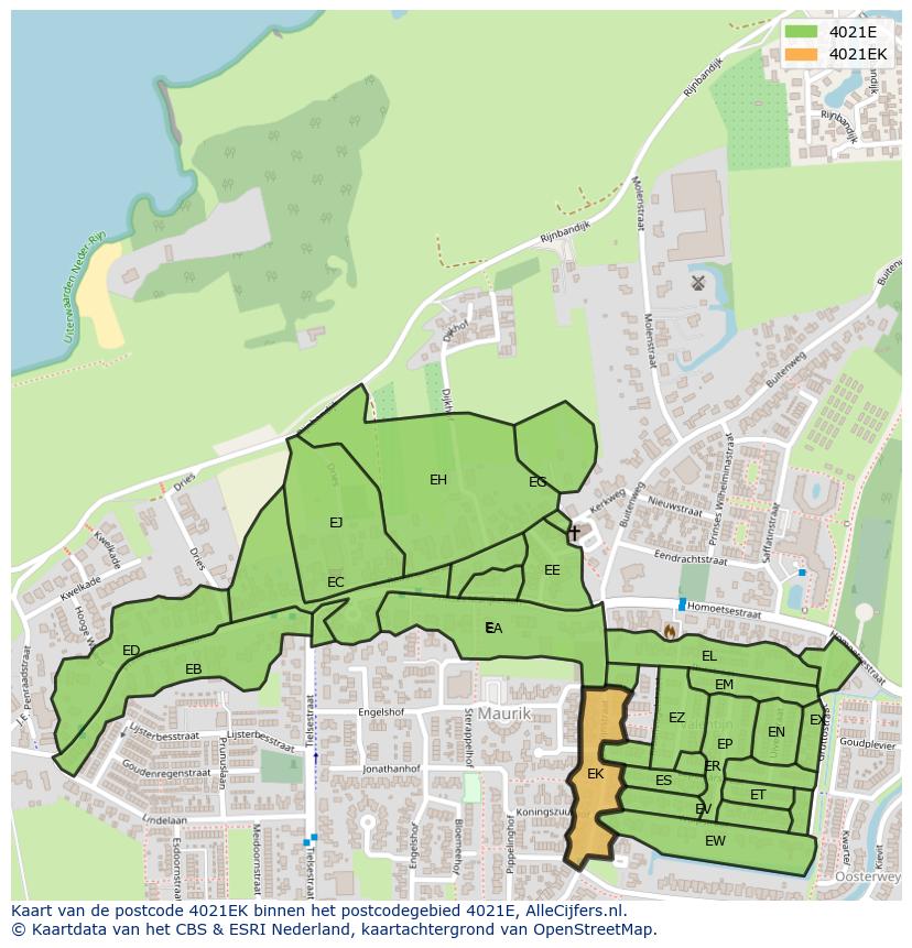 Afbeelding van het postcodegebied 4021 EK op de kaart.
