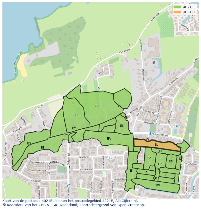 Afbeelding van het postcodegebied 4021 EL op de kaart.
