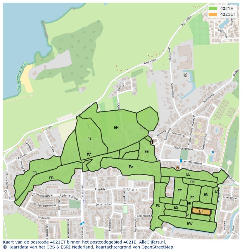 Afbeelding van het postcodegebied 4021 ET op de kaart.