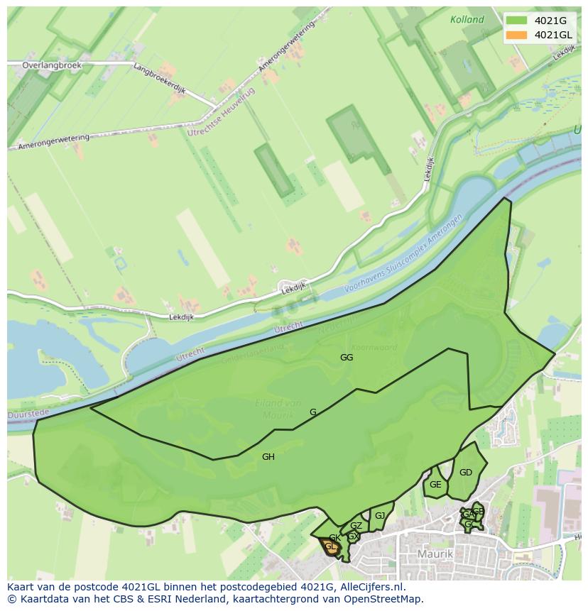 Afbeelding van het postcodegebied 4021 GL op de kaart.
