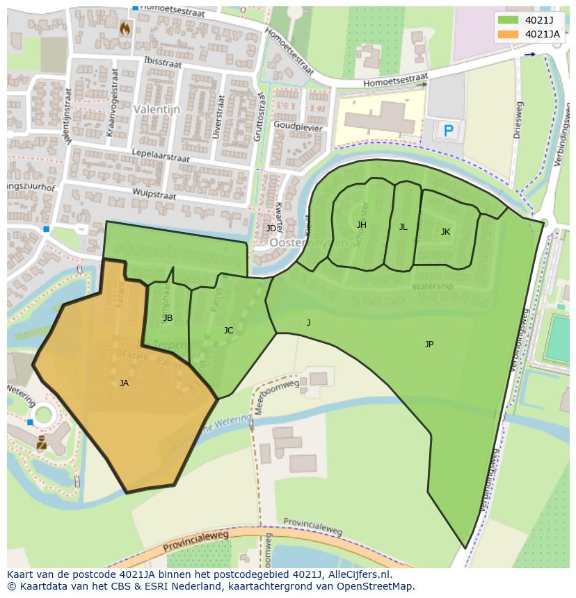 Afbeelding van het postcodegebied 4021 JA op de kaart.