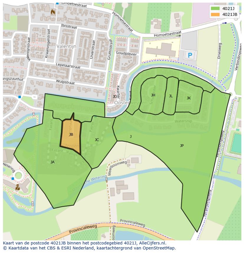 Afbeelding van het postcodegebied 4021 JB op de kaart.