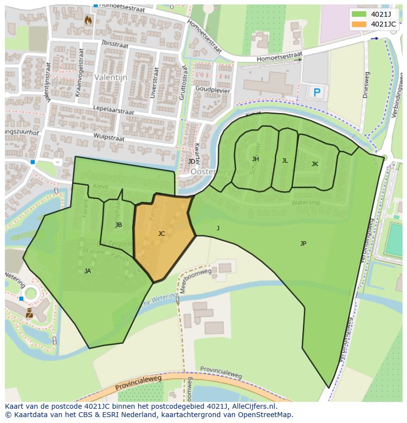 Afbeelding van het postcodegebied 4021 JC op de kaart.
