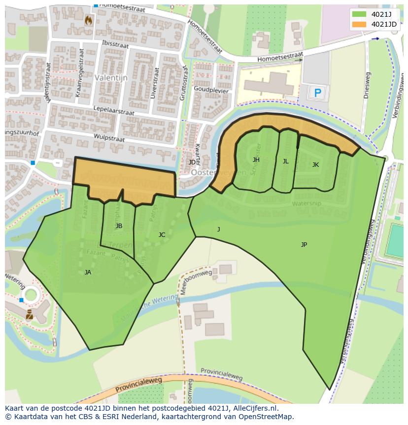 Afbeelding van het postcodegebied 4021 JD op de kaart.
