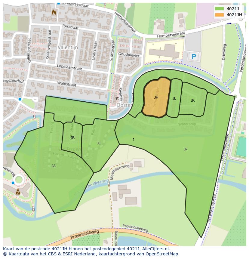 Afbeelding van het postcodegebied 4021 JH op de kaart.