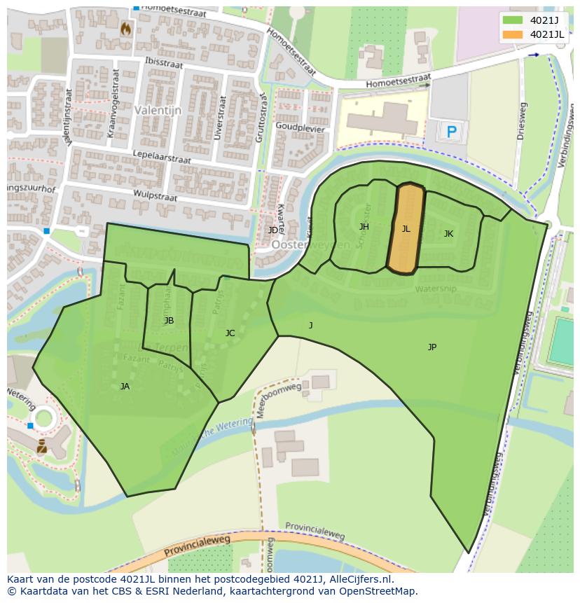 Afbeelding van het postcodegebied 4021 JL op de kaart.