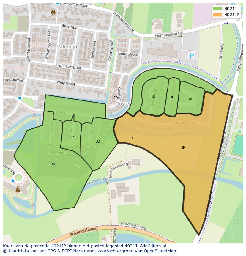 Afbeelding van het postcodegebied 4021 JP op de kaart.