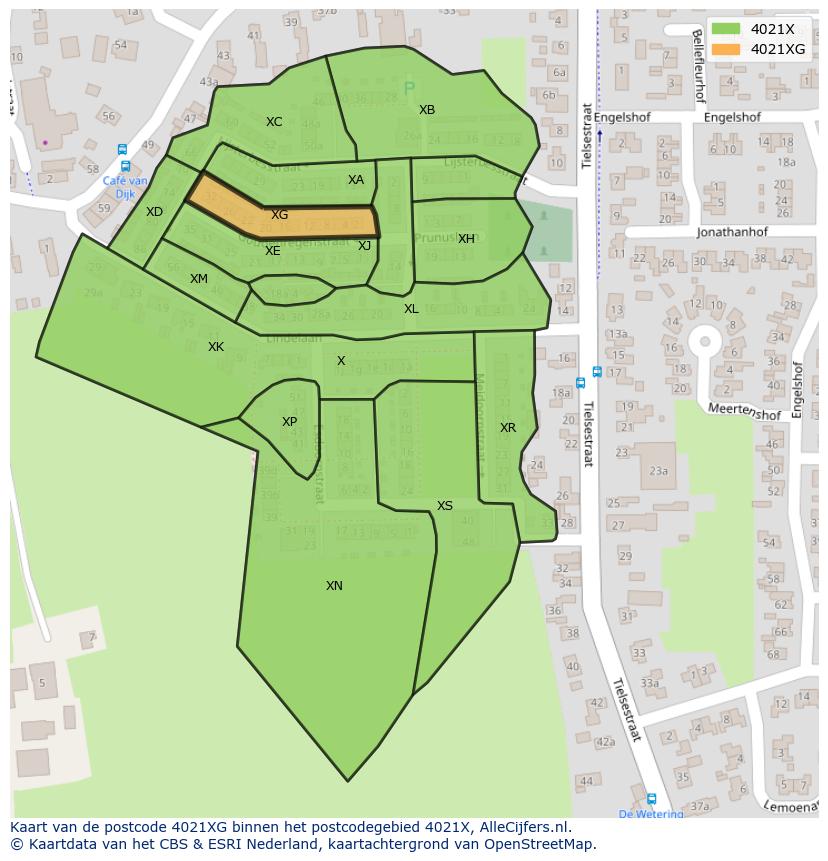 Afbeelding van het postcodegebied 4021 XG op de kaart.