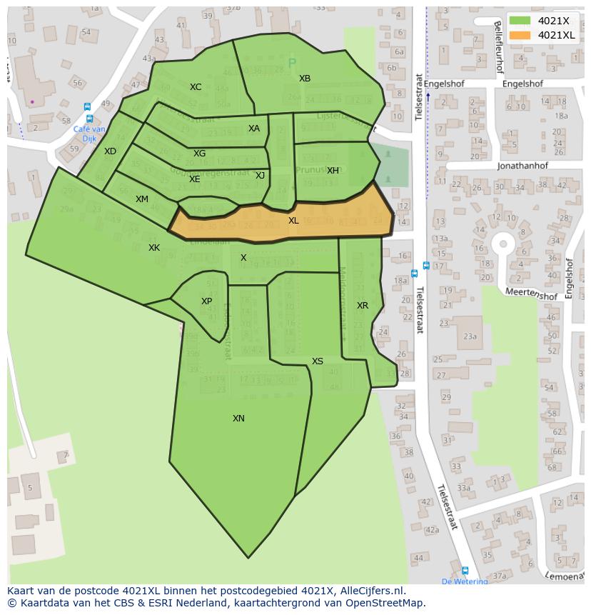 Afbeelding van het postcodegebied 4021 XL op de kaart.