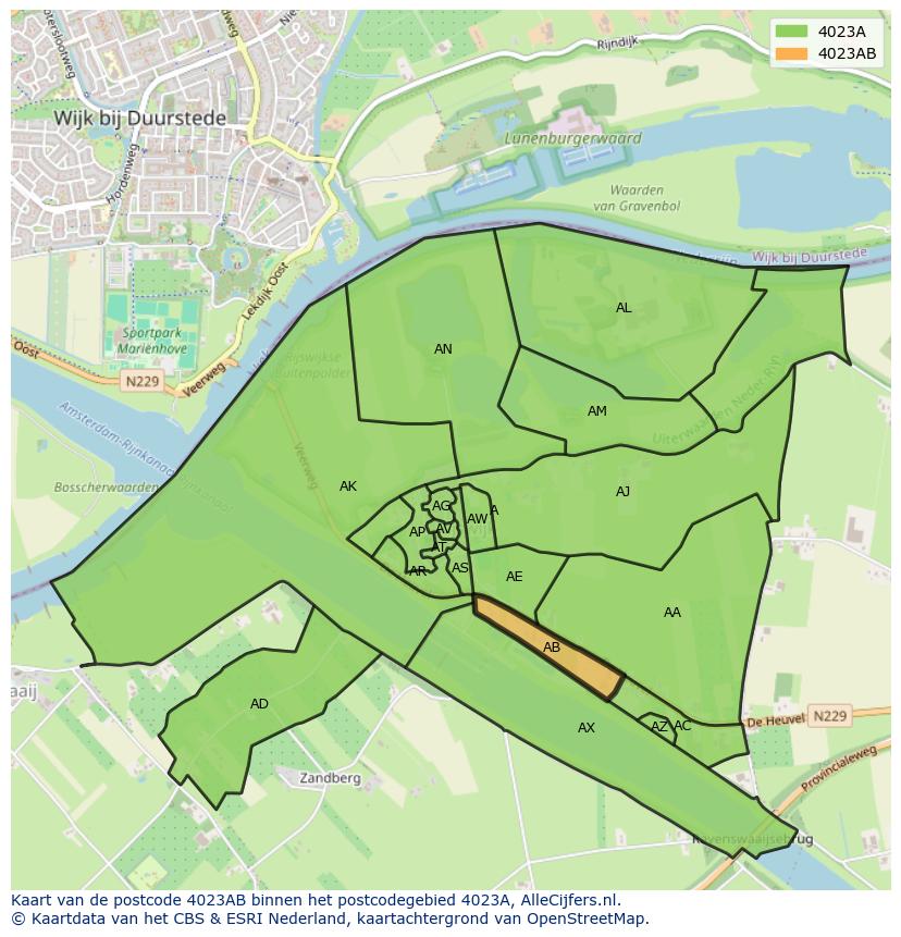 Afbeelding van het postcodegebied 4023 AB op de kaart.