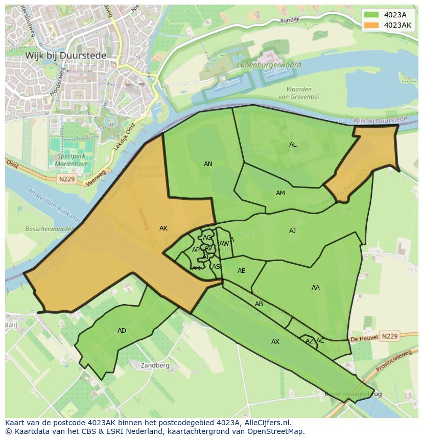 Afbeelding van het postcodegebied 4023 AK op de kaart.