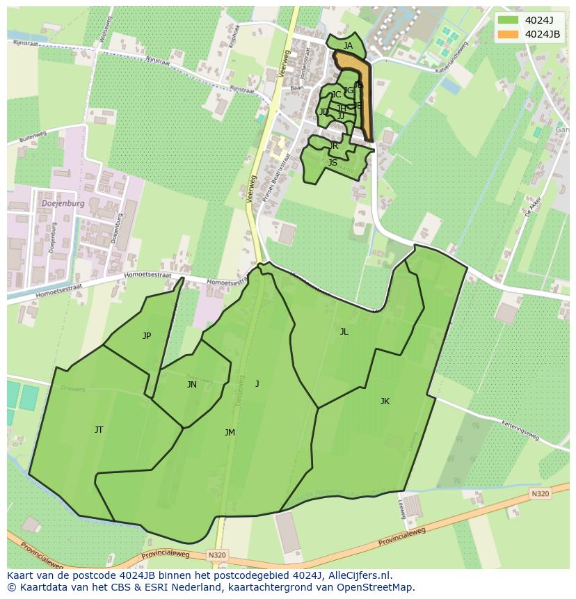 Afbeelding van het postcodegebied 4024 JB op de kaart.