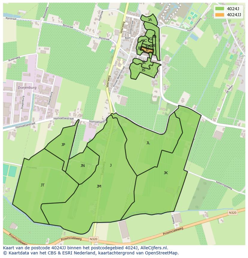 Afbeelding van het postcodegebied 4024 JJ op de kaart.