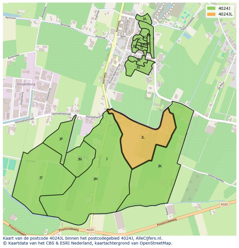 Afbeelding van het postcodegebied 4024 JL op de kaart.