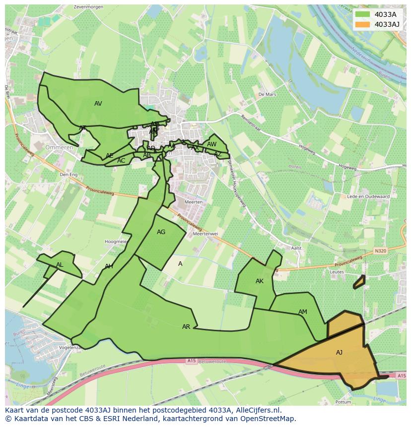 Afbeelding van het postcodegebied 4033 AJ op de kaart.