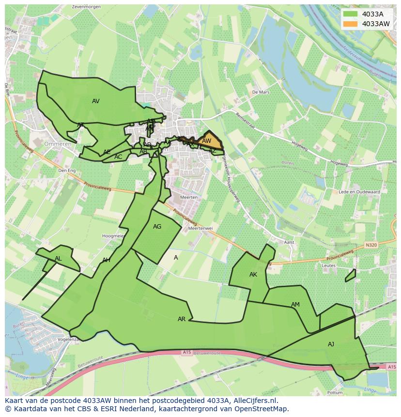 Afbeelding van het postcodegebied 4033 AW op de kaart.
