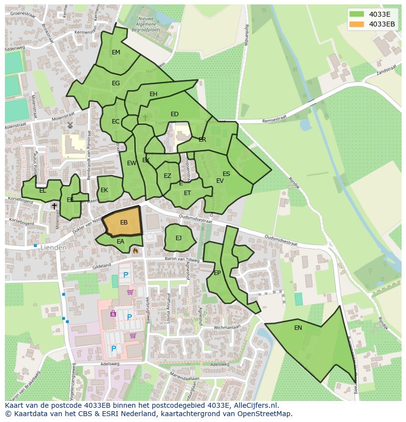 Afbeelding van het postcodegebied 4033 EB op de kaart.