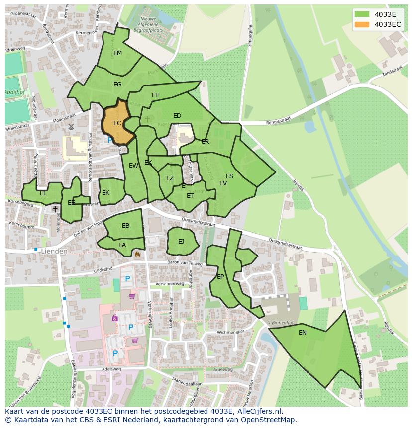 Afbeelding van het postcodegebied 4033 EC op de kaart.