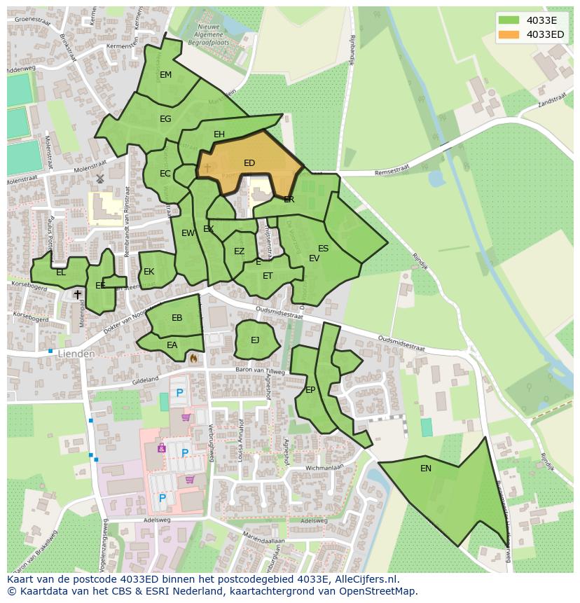 Afbeelding van het postcodegebied 4033 ED op de kaart.