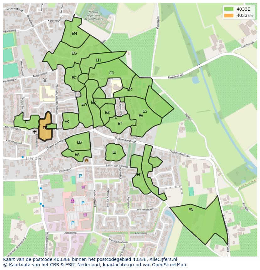 Afbeelding van het postcodegebied 4033 EE op de kaart.