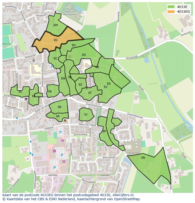 Afbeelding van het postcodegebied 4033 EG op de kaart.