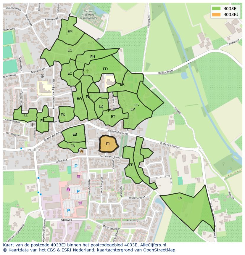 Afbeelding van het postcodegebied 4033 EJ op de kaart.