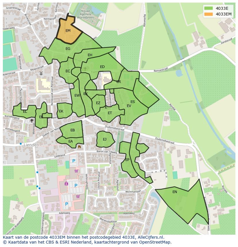 Afbeelding van het postcodegebied 4033 EM op de kaart.