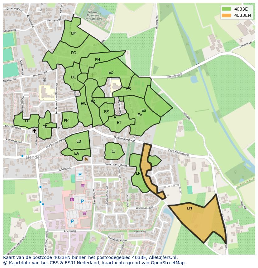 Afbeelding van het postcodegebied 4033 EN op de kaart.
