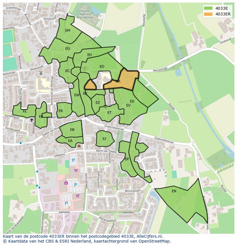Afbeelding van het postcodegebied 4033 ER op de kaart.