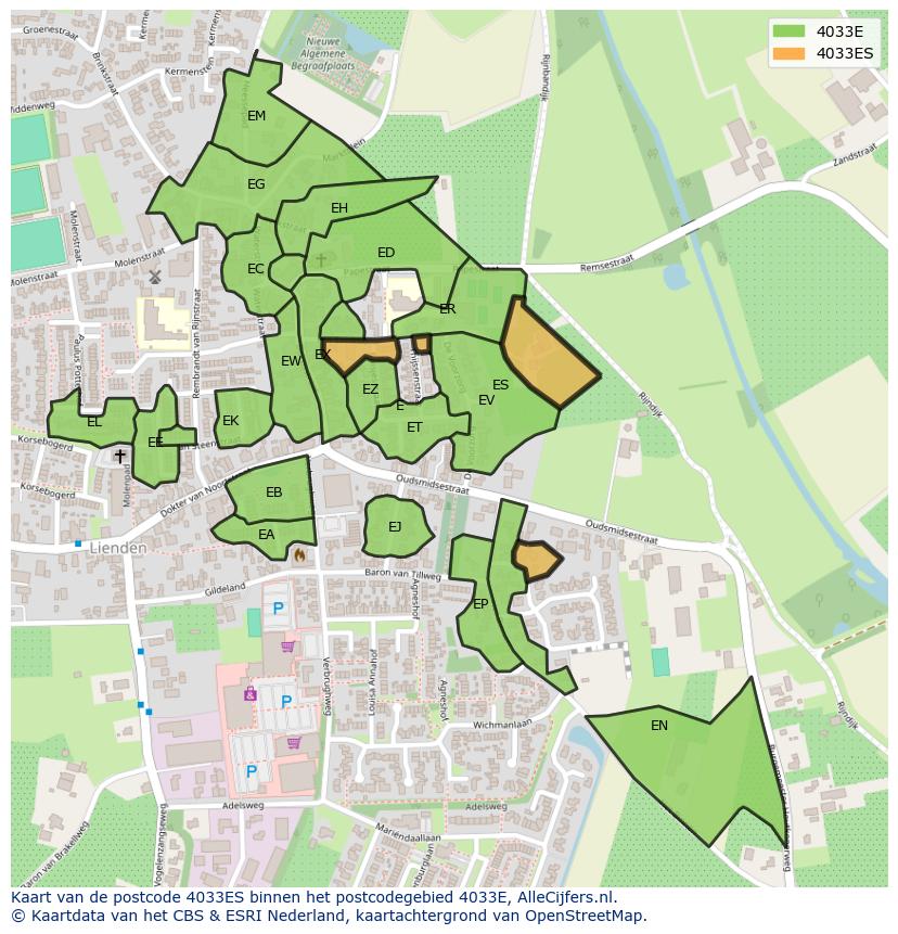Afbeelding van het postcodegebied 4033 ES op de kaart.