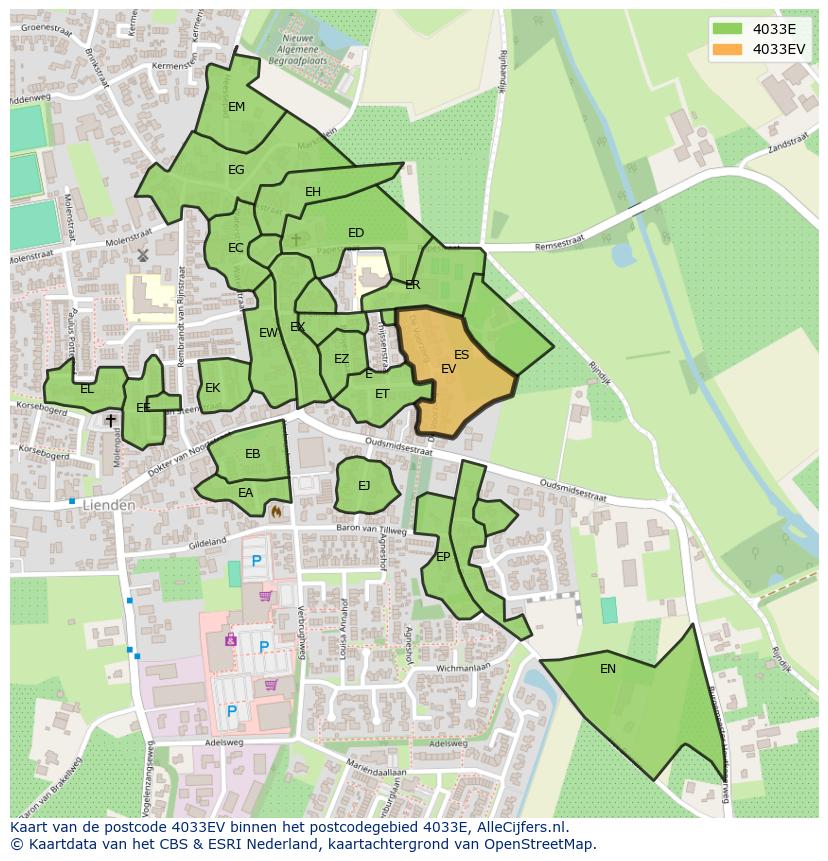 Afbeelding van het postcodegebied 4033 EV op de kaart.
