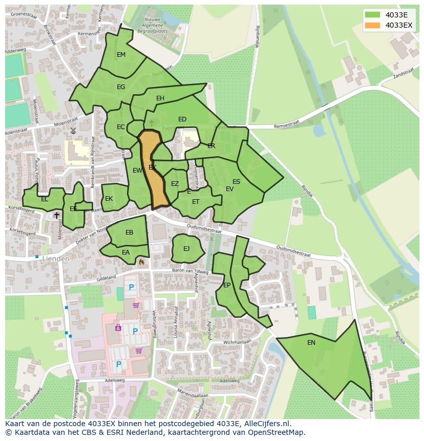 Afbeelding van het postcodegebied 4033 EX op de kaart.