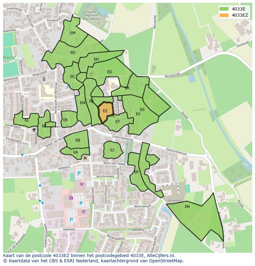 Afbeelding van het postcodegebied 4033 EZ op de kaart.