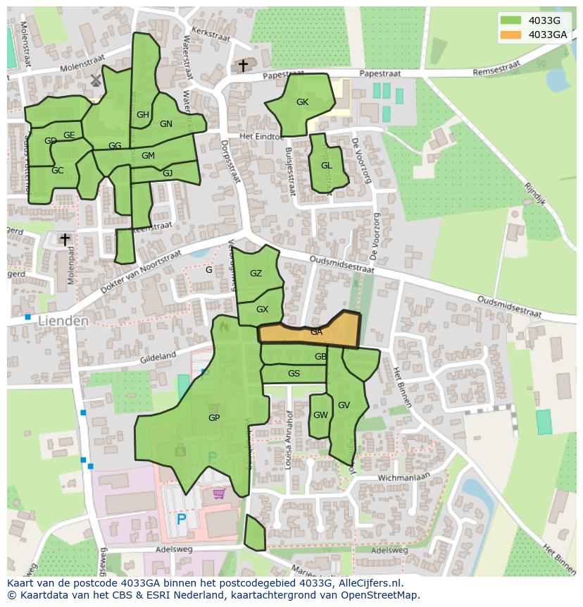 Afbeelding van het postcodegebied 4033 GA op de kaart.