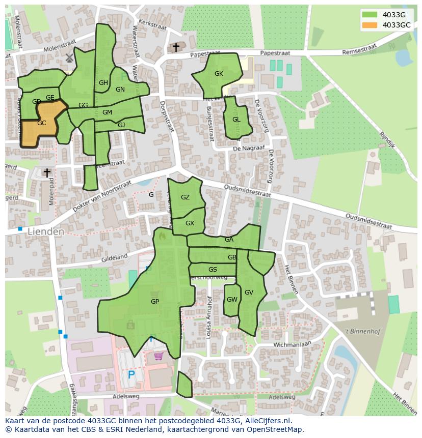 Afbeelding van het postcodegebied 4033 GC op de kaart.