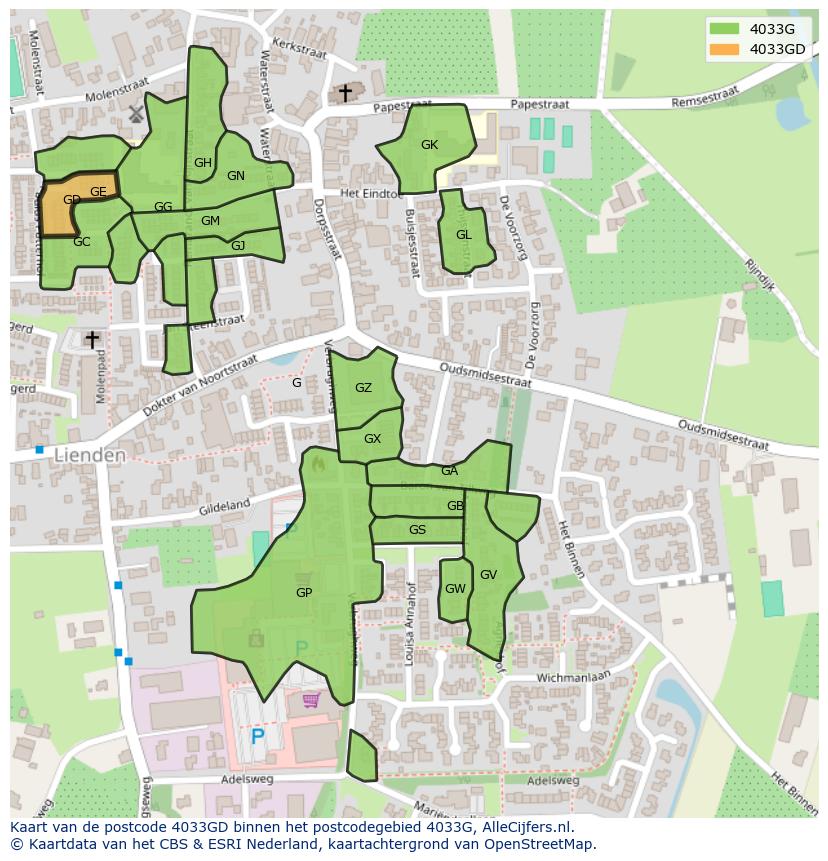 Afbeelding van het postcodegebied 4033 GD op de kaart.