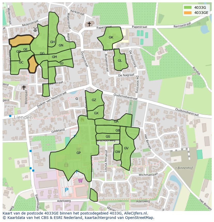 Afbeelding van het postcodegebied 4033 GE op de kaart.