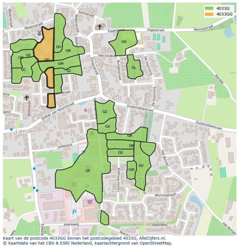 Afbeelding van het postcodegebied 4033 GG op de kaart.